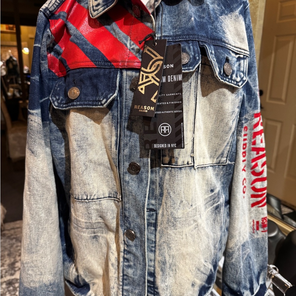 NEW Reason status DENIM trucker Jacket Hand crafted blue Fl-07 SZ XL‎ - Picture 2 of 8